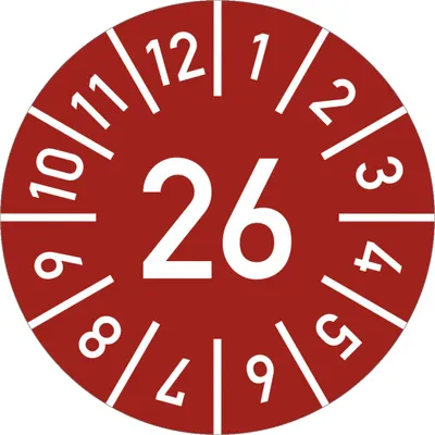 Produktbild von Dreifke® Prüfplakette Jahr 26 mit Monaten, rot, Folie, Ø 10 mm, 10 Stück/Bogen
