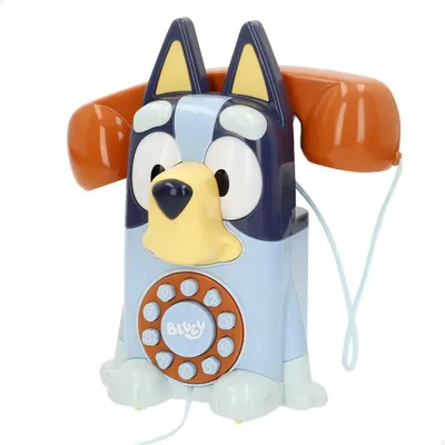 A toy telephone shaped like the character Bluey.