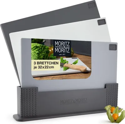 A set of three cutting boards in a stand, with a promotional image on the front.