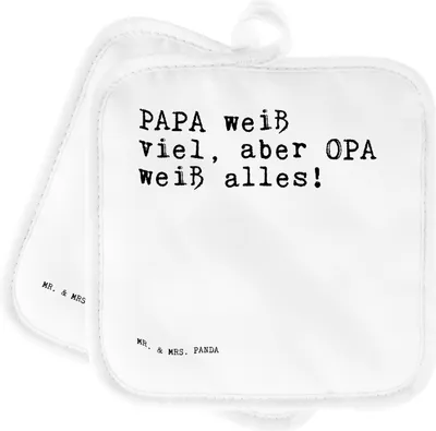 Produktbild von Mr. & Mrs. Panda Topflappen PAPA weiß viel, aber... - Weiß - Geschenk, Kochlappen, Großeltern, Sprüche, Opa, Familie, topfhalter, Geschenke für Männer, Topfuntersetzer