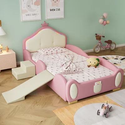 Immagine prodotto di okwish Letto per bambini Cartoon, 90x200cm, letto imbottito, letto per bambini, letto junior con striscia LED, letto singolo con piccolo scivolo e gradini, senza materasso, rosa