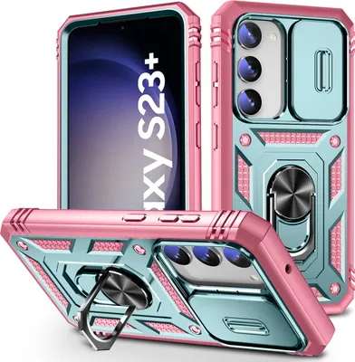 Produktbild von Galaxy S23+ Hülle, Schiebe Kamera Schutz Robust Rüstung Schutzhülle mit Ringhalterung Ständer Kartenhalter für Samsung Galaxy S23+ Türkis