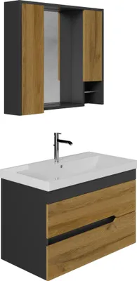 A bathroom vanity set with a sink and a mirrored cabinet above it, presented against a white background.