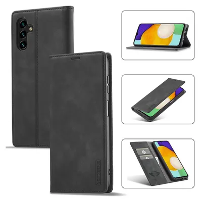 A collage of images showing a black leather phone case for a Samsung Galaxy A13 5G, with various angles and use cases.