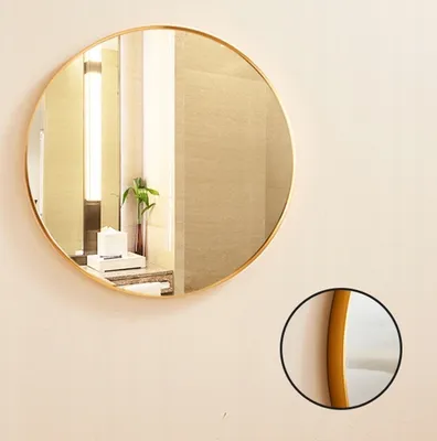 A round mirror with a golden frame is mounted on a light-colored wall. The mirror reflects a bathroom interior with a light fixture, a tissue box, and a small plant.
