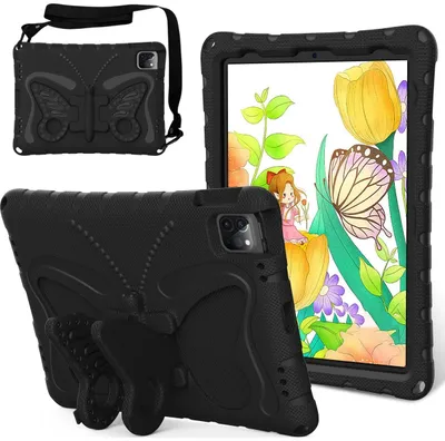 Produktbild von Mobigear Butterfly Schutzhülle für iPad Air 11 Zoll (2024) – EVA-Schaumrückseite + Schultergurt + Ständer – Schwarz