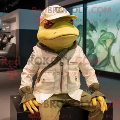 Produktbild von Maskottchenfigur REDBROKOLY eines cremefarbenen Frosches mit Motorradjacke und Baskenmütze