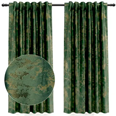 Two green velvet curtains with a gold textured pattern, displayed on a white background. A circular inset shows a close-up of the fabric texture.