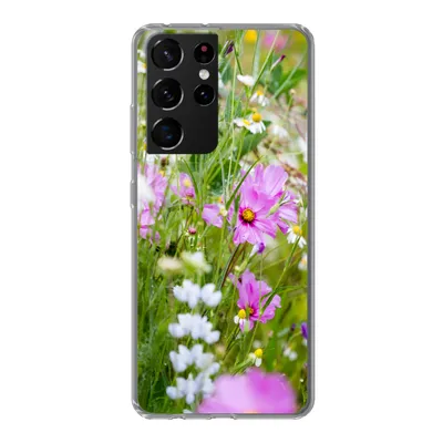 Produktbild von MuchoWow® Handyhülle Schutzhülle Hülle für Samsung Galaxy S21 Ultra Blumen - Natur - Grün - Gras - Lila - Weiß Silikon Softcase Handy Hülle - Mobiltelefon