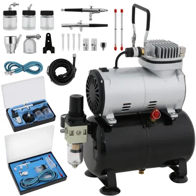 Obrázok produktu pre Sada kompresora pre airbrush – bezolejový, 1/5 HP – 3 litrová nádrž – tichý kompresor (47 dB) – 2 airbrush pištole – podávanie farby gravitačnou metódou, tryska 0,3 mm