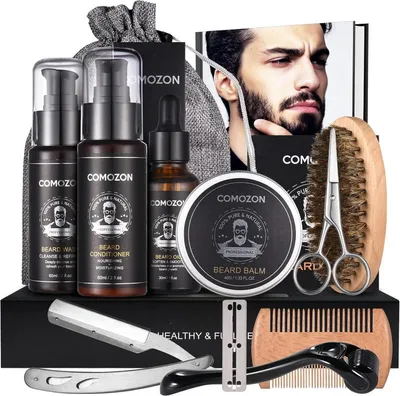 Immagine prodotto di Set per la cura della barba per uomini tutto in uno con rullo barba shampoo olio balsamo spazzola pettine forbici