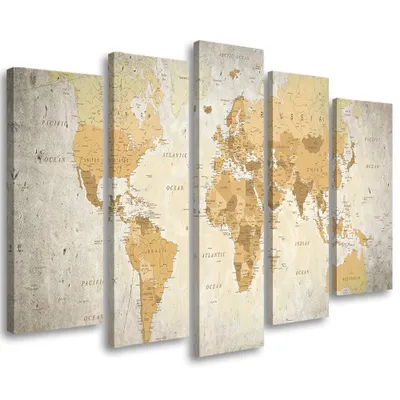 Produktbild von 5-teiliges leinwandbild weltkarte braun 100x70 cm Feeby beige wandbild bereit zum aufhängen