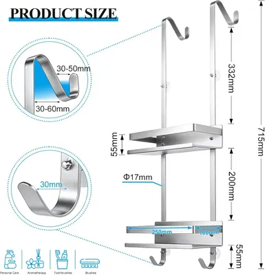Zdjęcie produktu dla Półka pod prysznic 2 poziomy, bez wiercenia, z haczykami, szampon, pod prysznic