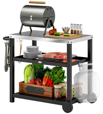 Produktbild von Outsunny Grillwagen 3-Etagen Servierwagen mit Arbeitsfläche Ablagen Haken Räder