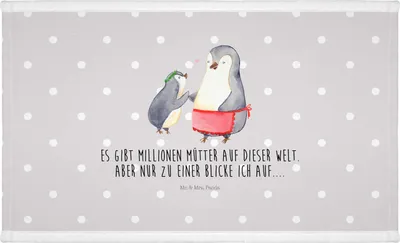 Produktbild von Mr. & Mrs. Panda handtuch frottee Pinguin mit Kind - Grau Pastell - Geschenk, gesichtstuch, Muttertag, Mutti, Familie, 50x100, Danke Mama, baumwolle, Frotteehandtuch