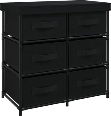 A black fabric storage cabinet with six drawers is shown against a white background.