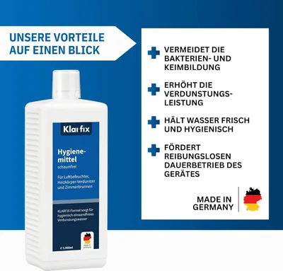 Produktbild von Hygienemittel schaumfrei | Konservierungsmittel für Luftbefeuchter, Luftreiniger, Luftwäscher, Zimmerbrunnen & Heizkörper-Verdunster | Hält Wasser hygienisch & kalkfrei (1x 1.000 ml)