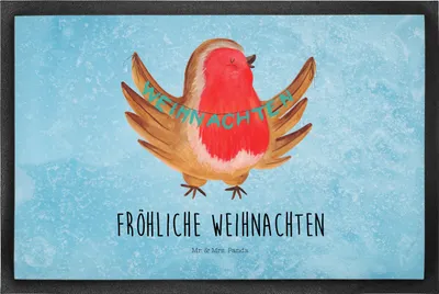 Produktbild von Mr. & Mrs. Panda Bodenvorleger Rotkehlchen Weihnachten 50 x 75 cm - Eisblau - Geschenk, Sauberlaufmatte, Fußabtreter, Winter, Weihnachtsmotiv, Vogel, Frohe, Gummimatte