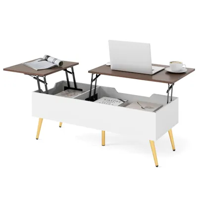 A white coffee table with a brown lift-top surface, featuring a laptop and a cup of coffee on one side, and a magazine on the other side. The table has hidden storage compartments and gold metal legs.