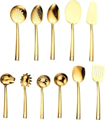 Obrázek produktu pro Sada kuchyňských nástrojů Elkuaie – Sada nerezových kuchyňských pomůcek – Ergonomický design a odolná titanová povrchová úprava – 11 kusů – Vhodné pro vaření a servírování, zlatá barva
