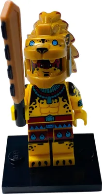 A LEGO minifigure of a warrior in a jaguar helmet, standing on a black display base.