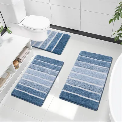 Produktbild von Badezimmerteppich Set 3 Teilig Blau Rutschfest Wasserabsorbierend Waschbar 40x60+50x80+50x60cm