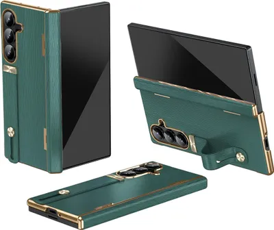 Obrázek produktu pro kožené pouzdro na Samsung Galaxy Z Fold 7 s poutkem na ruku, stojánkem a ochranou pantu zelené