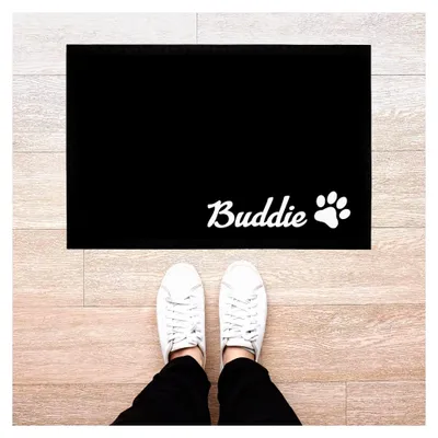 Produktbild von Personalisierbare Fußmatte mit Namen für Haustiere Hund Katze Pfote rutschfest & waschbar Weiß 60x40cm