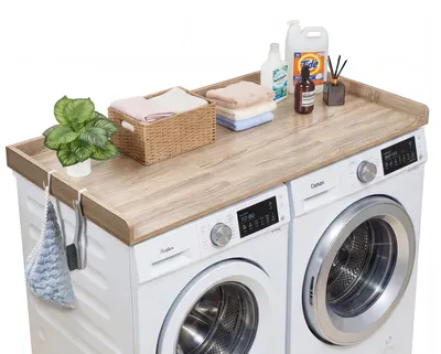 Zdjęcie produktu dla Blat VEVOR pod pralkę i suszarkę (137 x 69,9 cm) z podwyższonymi krawędziami i haczykami, do organizacji i przechowywania w szafie na pranie, spiżarni lub na blacie kuchennym, nośność 113 kg, wykończenie imitujące dąb