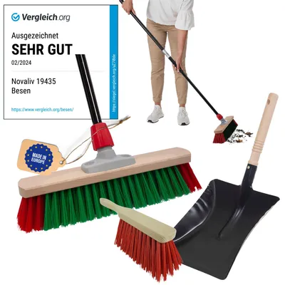 Produktbild von Novaliv Gartenbesen mit Stiel 40 cm Elaston Borsten inkl. Kehrgarnitur verzinkt mit Gummilippe bestehend aus Kehrblech & Handfeger Idealer Straßenbesen Terassenbesen Hofbesen Stallbesen Outdoor broom