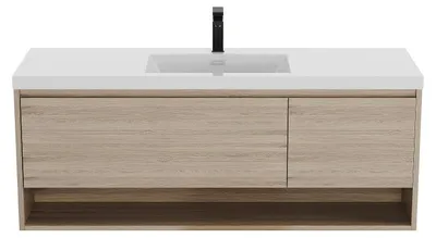 Produktbild von Waschbeckenunterschrank hängend mit Einzelwaschbecken + Armatur - Holzfarben hell - 150 cm - PUJUKA