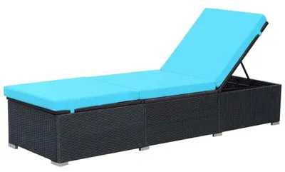 Obrázek produktu pro Sluneční lehátko, relaxační lehátko, zahradní lehátko, ležící křeslo z polyratanu, nastavitelné, s polštářem, vhodné do zahrady, na terasu a balkon, rozměry 195 x 60 cm, barva: černá a modrá