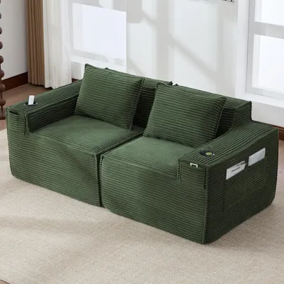 Produktbild von Modulares 2-Sitzer Cordsofa mit Federkern und hochdichtem Schaumstoff, kompakte Couch mit integrierten Getränkehaltern und Seitentaschen für Wohnzimmer und Apartments