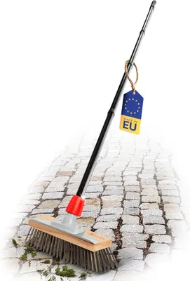 Image de Balai métallique robuste avec manche en 4 parties pour une élimination efficace de la mousse - Balai en acier pour les pavés et le jardin avec brosse en fil d'acier - Gratte-mousse et balai à pizza en un seul appareil