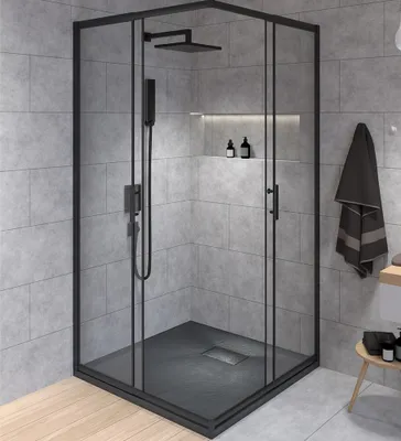 Produktbild von SET Duschkabine + Duschwanne 80x80 193 cm - Quadratisch Transparent Gehärtet Nano Glas 6 mm Schwarz Steinoptik SMC inkl. Siphon | BADLAND HELA VIDAR