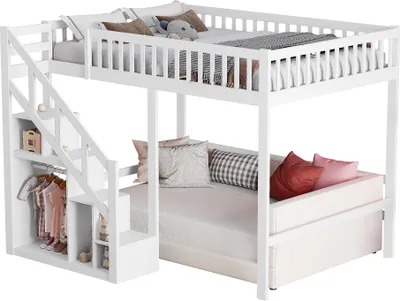 Obrázok produktu pre Detská poschodová posteľ Fortuna Lai 90 x 200 cm s pravým schodiskom, detská podkrovná posteľ s úložným priestorom, bezpečnostná ochrana, pre chlapcov a dievčatá, biela