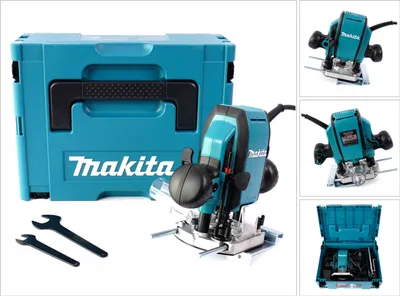 A collage of images showing a Makita router and its accessories, including a storage case and wrenches.