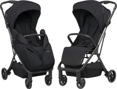 Two black strollers are shown side-by-side against a white background.