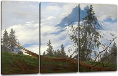Produktbild von Leinwandbild 3-teilig (120x80cm): Caspar David Friedrich - Berggipfel mit ziehenden Wolken, echter Holz-Keilrahmen inkl. Aufhänger, handgefertigt in Deutschland