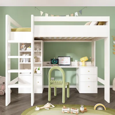 Produktbild von Merax Kinderbett Hochbett mit Schreibtisch, USB-C Ladeanschluss, Kleiderschrank & Stauraum, Jugendbett 90x200, Weiß