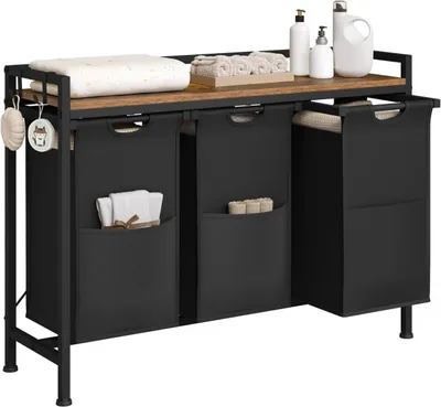 Produktbild von WOLTU Wäschekorb 3 Fächer, jedes 40 L, Metallrahmen, Oxford-Stoff-Wäschesack : Schwarz Farbe: Schwarz