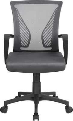 A dark gray office chair with a mesh back is shown from the front against a white background.