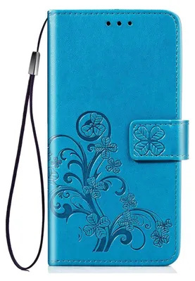 A blue flip case for a phone with a floral embossed design and a wrist strap.