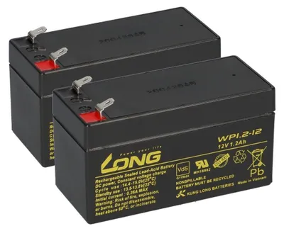 Two black rechargeable sealed lead-acid batteries are shown side-by-side against a white background.