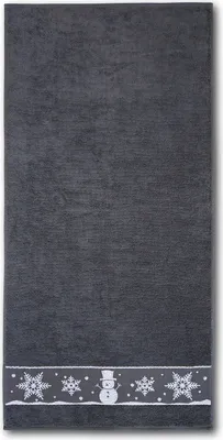 A close-up, straight-on view of a gray guest towel with a decorative border featuring snowflakes and a snowman at the bottom.