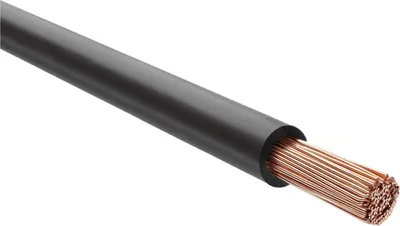 A single black electrical wire with exposed copper strands at the end, isolated on a white background.