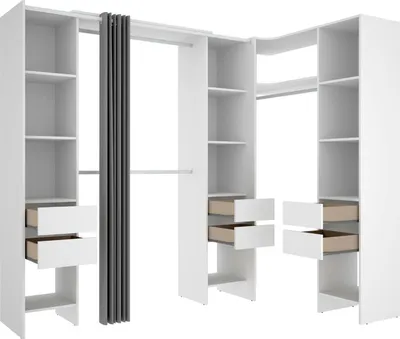 A white modular wardrobe system with open shelves and drawers.