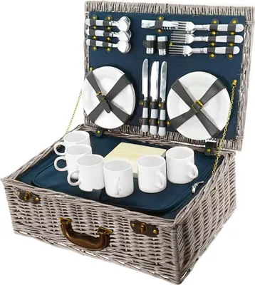 Produktbild von Smak Picknickkorb: aus Weide | Thermoisoliert | kühltasche | isoliert | Picknick-Set | 6 Personen | geflochten | Picknickkorb | Geschirr gefüllt | Deckel