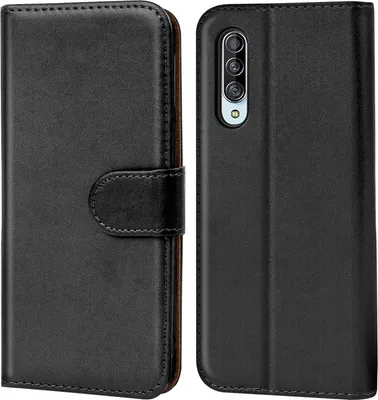 A black flip case for a smartphone is shown from the front and back.