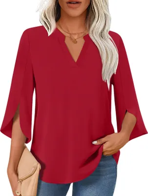 Obrázek produktu pro ASKSA Dámská halenka Elegantní tunika s 3/4 rukávem s výstřihem Top Flowy Shirt Loose Casual Work Tops (červená,L)
